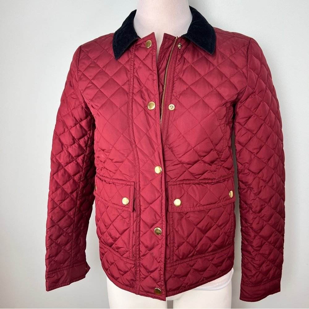 J.Crew Quilted Down-Filled Jacket Burgundy Corduroy Collar Women’s Size XS - Picture 3 of 13